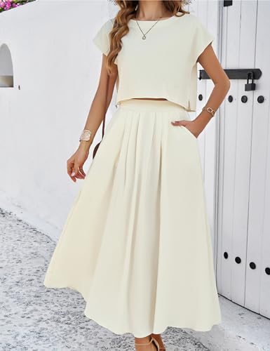 HangNiFang Summer Skirt Sets Women 2 Piece Outfits Maxi Dress Sets Pocketed
