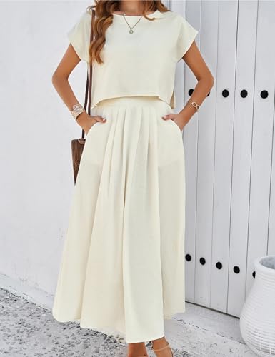 HangNiFang Summer Skirt Sets Women 2 Piece Outfits Maxi Dress Sets Pocketed