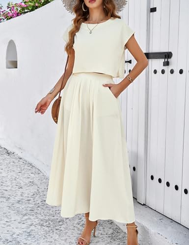 HangNiFang Summer Skirt Sets Women 2 Piece Outfits Maxi Dress Sets Pocketed