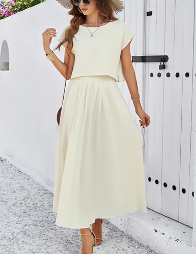HangNiFang Summer Skirt Sets Women 2 Piece Outfits Maxi Dress Sets Pocketed
