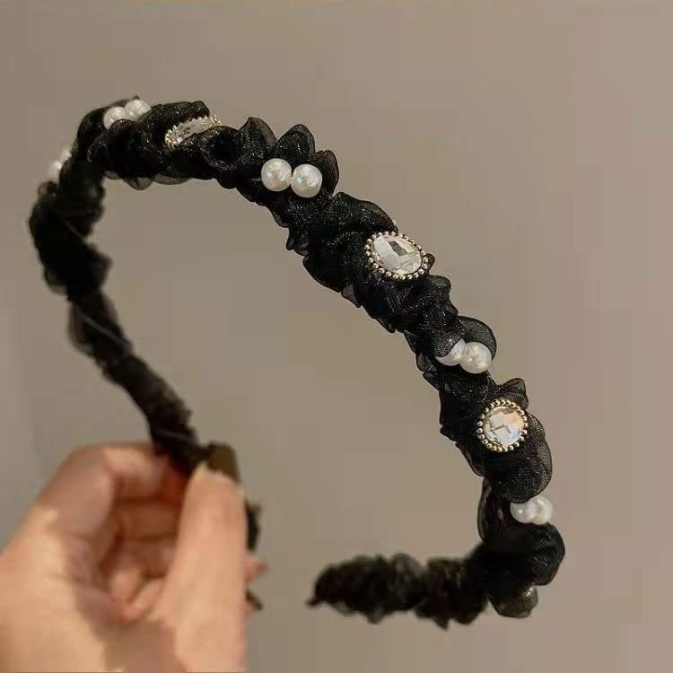 Pleated Pearl and Rhinestone Thin Headband Hair Accessory