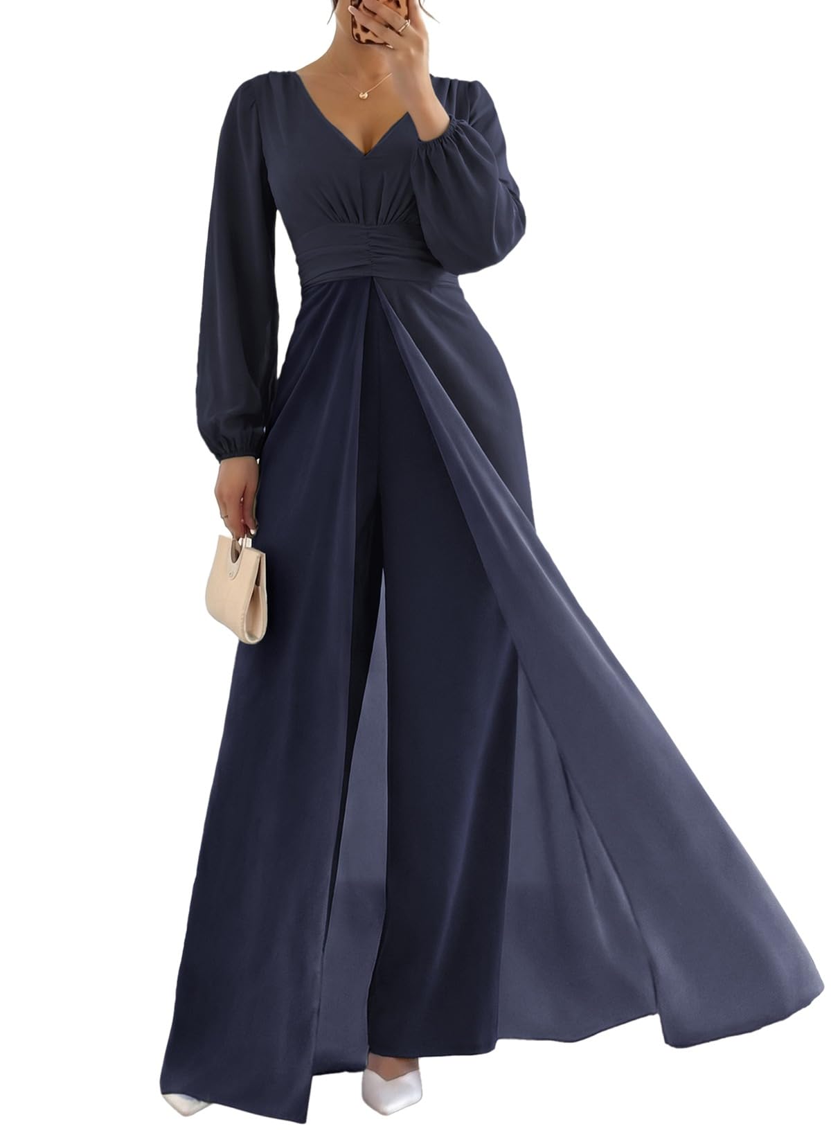 Pink Queen Women's Chiffon V-Neck Overlay Dressy Jumpsuit