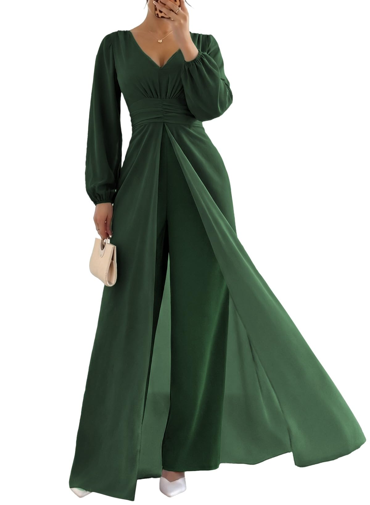 Pink Queen Women's Chiffon V-Neck Overlay Dressy Jumpsuit