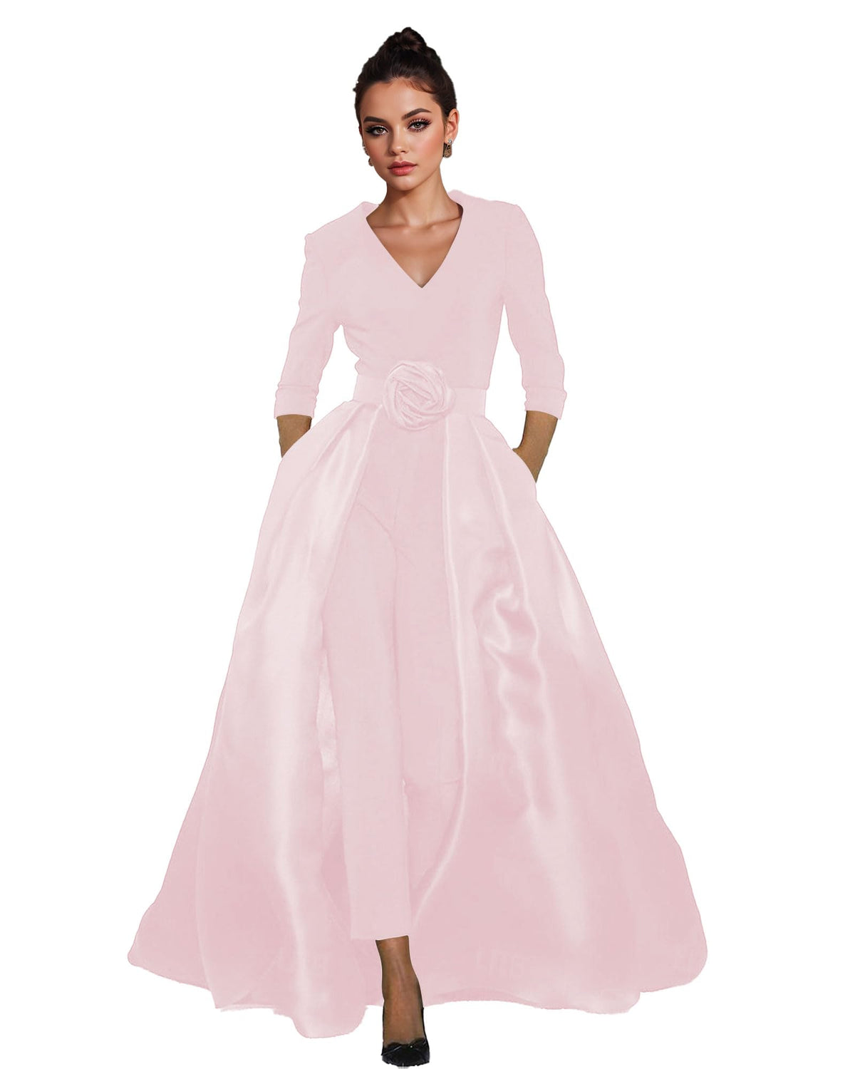 Women's V-Neck Formal Jumpsuit Pant Suit with Detachable Skirt