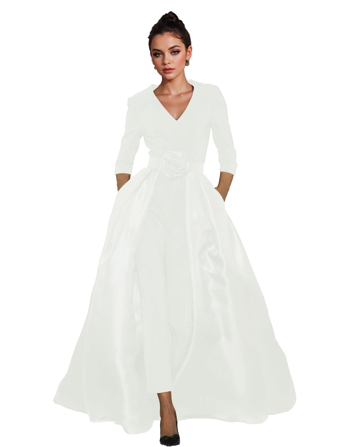 Women's V-Neck Formal Jumpsuit Pant Suit with Detachable Skirt