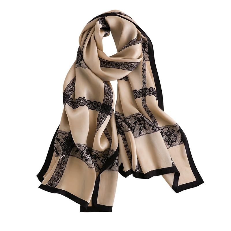 Women's Champagne Silk Lace Print Long Scarf Shawl