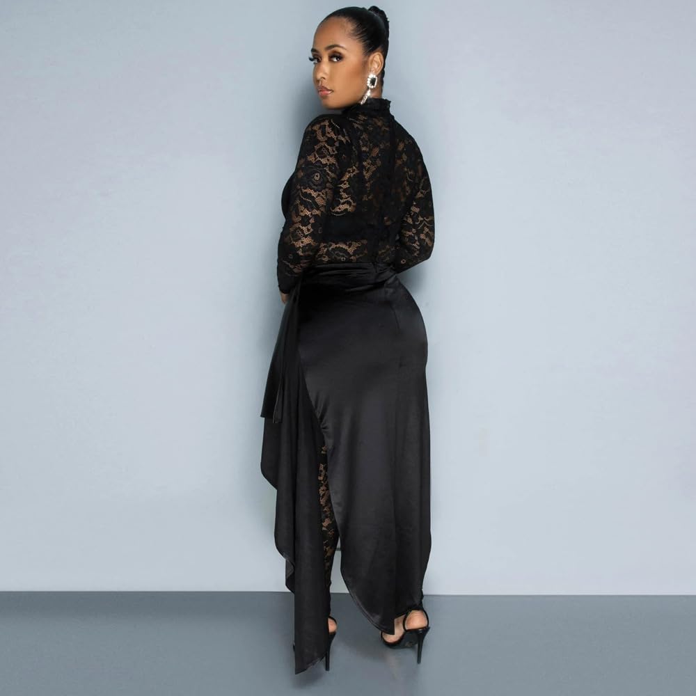 YOUFE Women's Lace See Through Jumpsuit Bodycon Sexy Club Outfits Long Sleeve Pleated High Split Midi Skirt One Piece Set