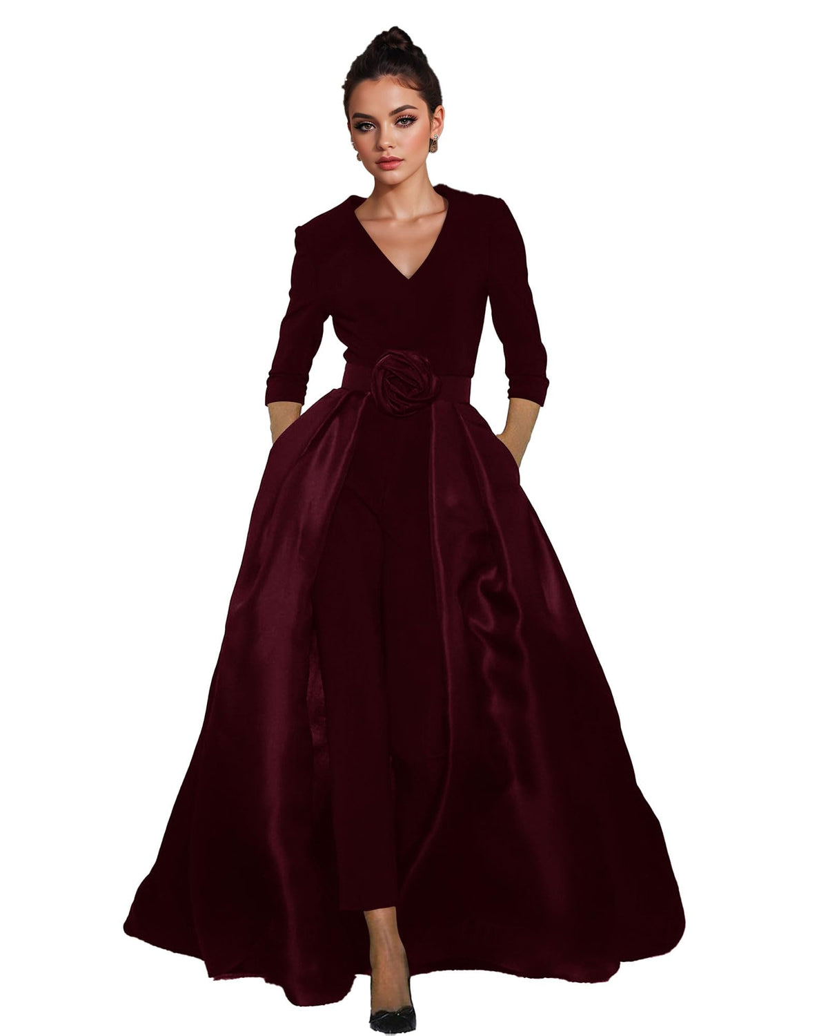 Women's V-Neck Formal Jumpsuit Pant Suit with Detachable Skirt