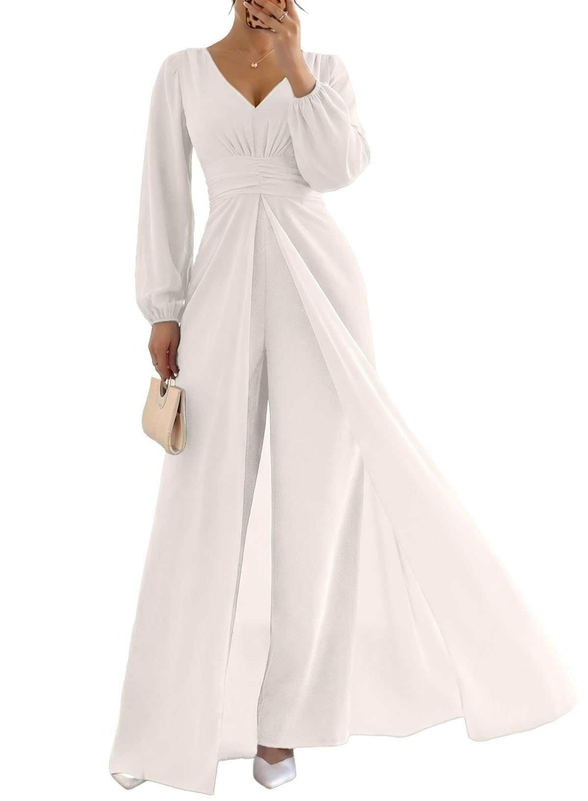 Pink Queen Women's Chiffon V-Neck Overlay Dressy Jumpsuit