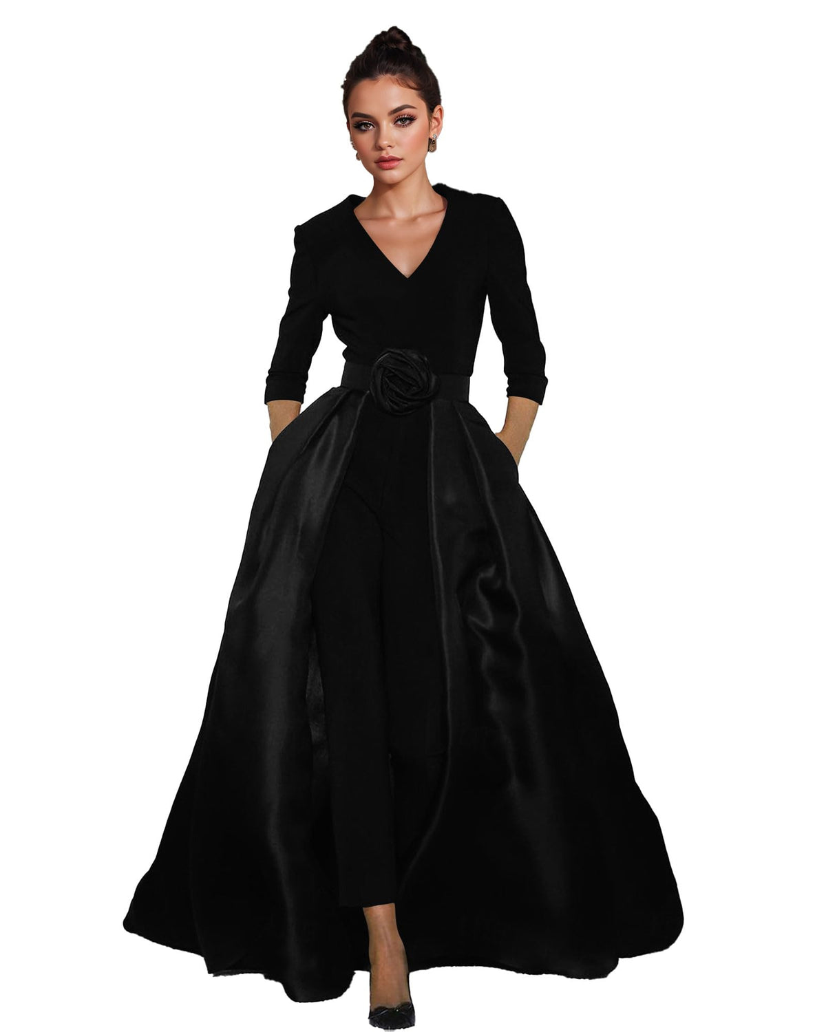 Women's V-Neck Formal Jumpsuit Pant Suit with Detachable Skirt