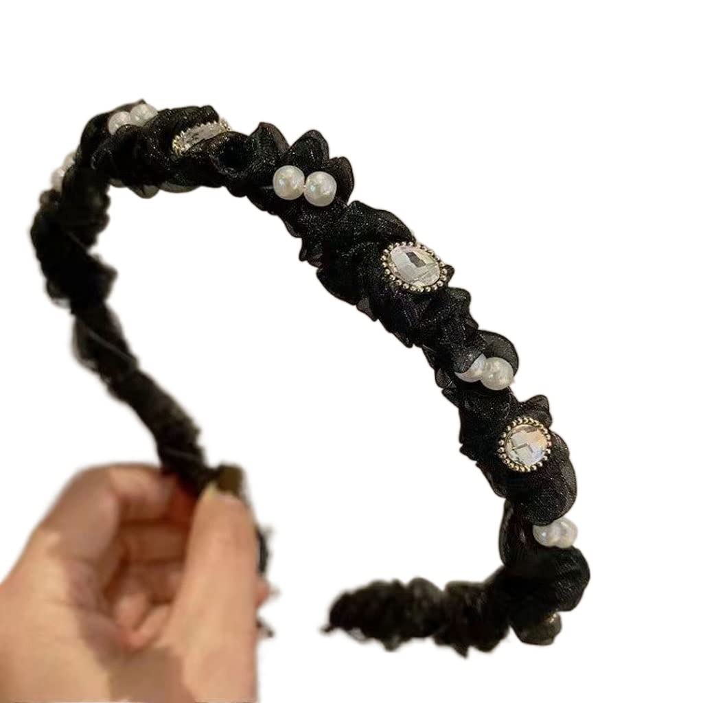 Pleated Pearl and Rhinestone Thin Headband Hair Accessory