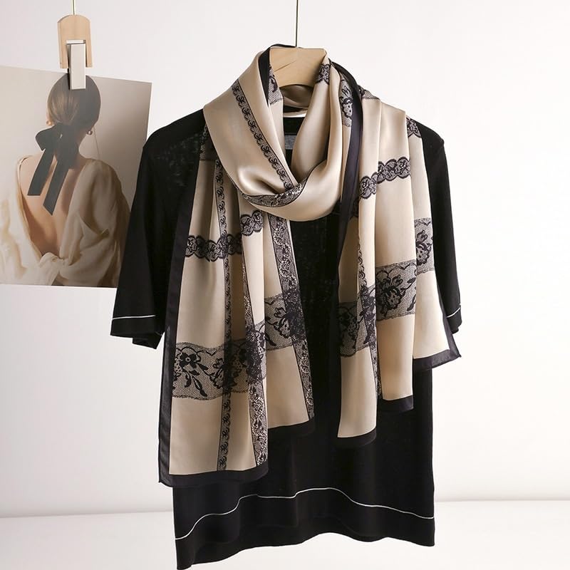 Women's Champagne Silk Lace Print Long Scarf Shawl