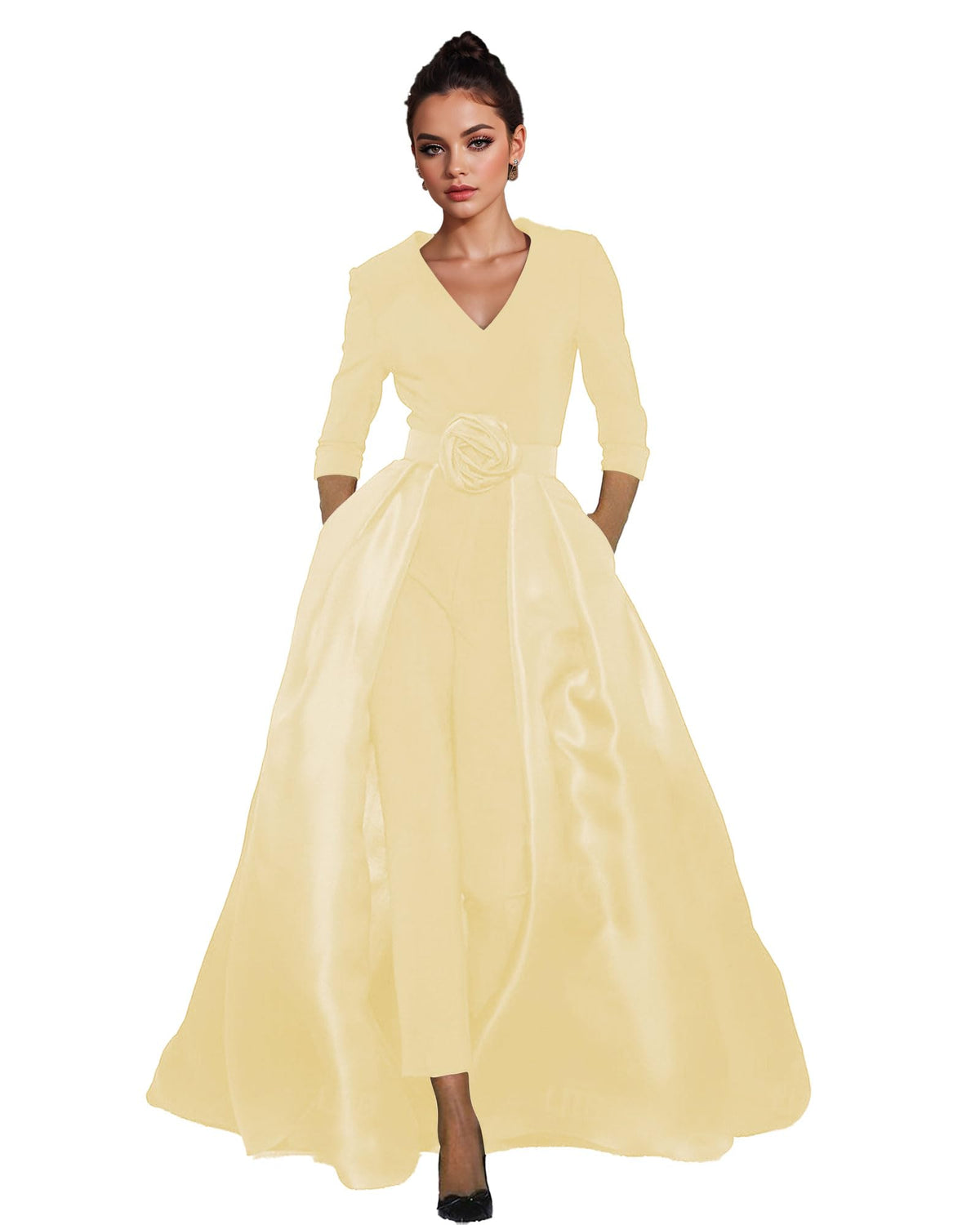 Women's V-Neck Formal Jumpsuit Pant Suit with Detachable Skirt