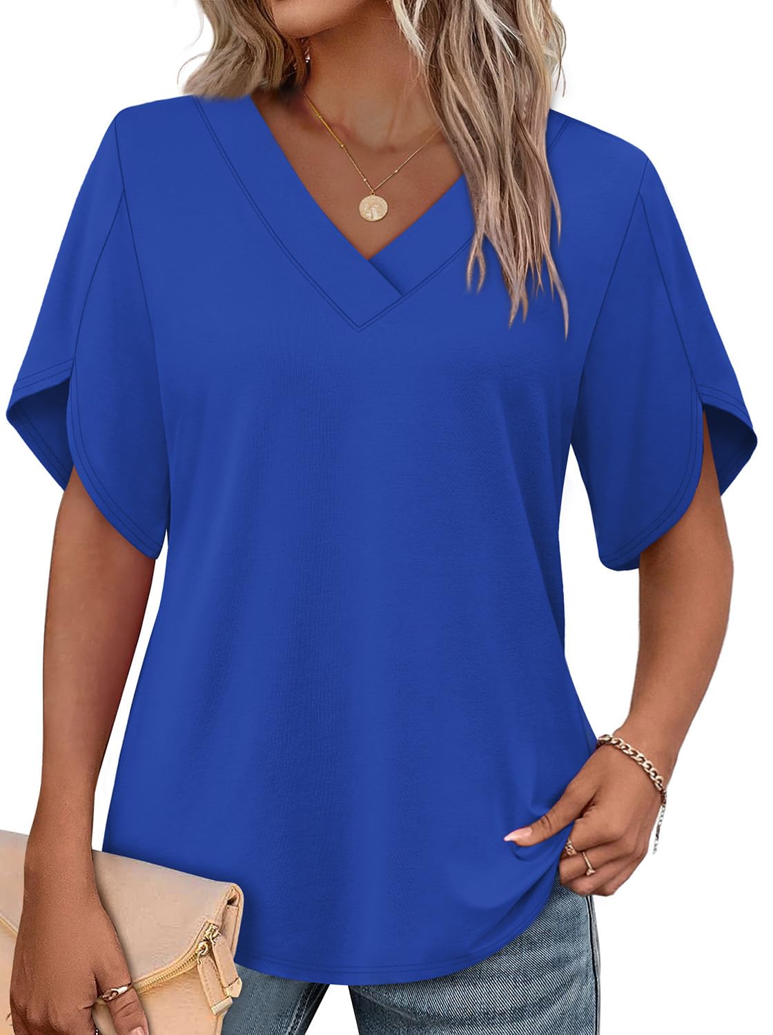WIHOLL Women's V-Neck Petal Sleeve Summer Blouse Top