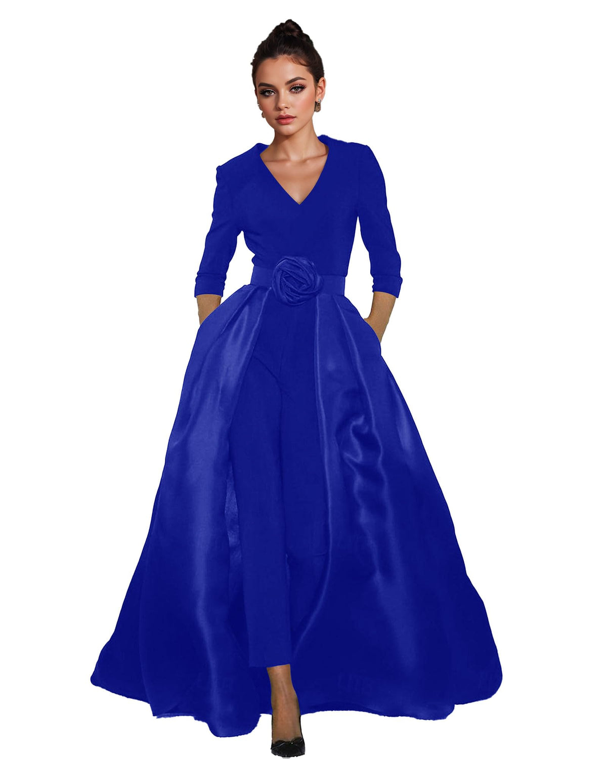 Women's V-Neck Formal Jumpsuit Pant Suit with Detachable Skirt