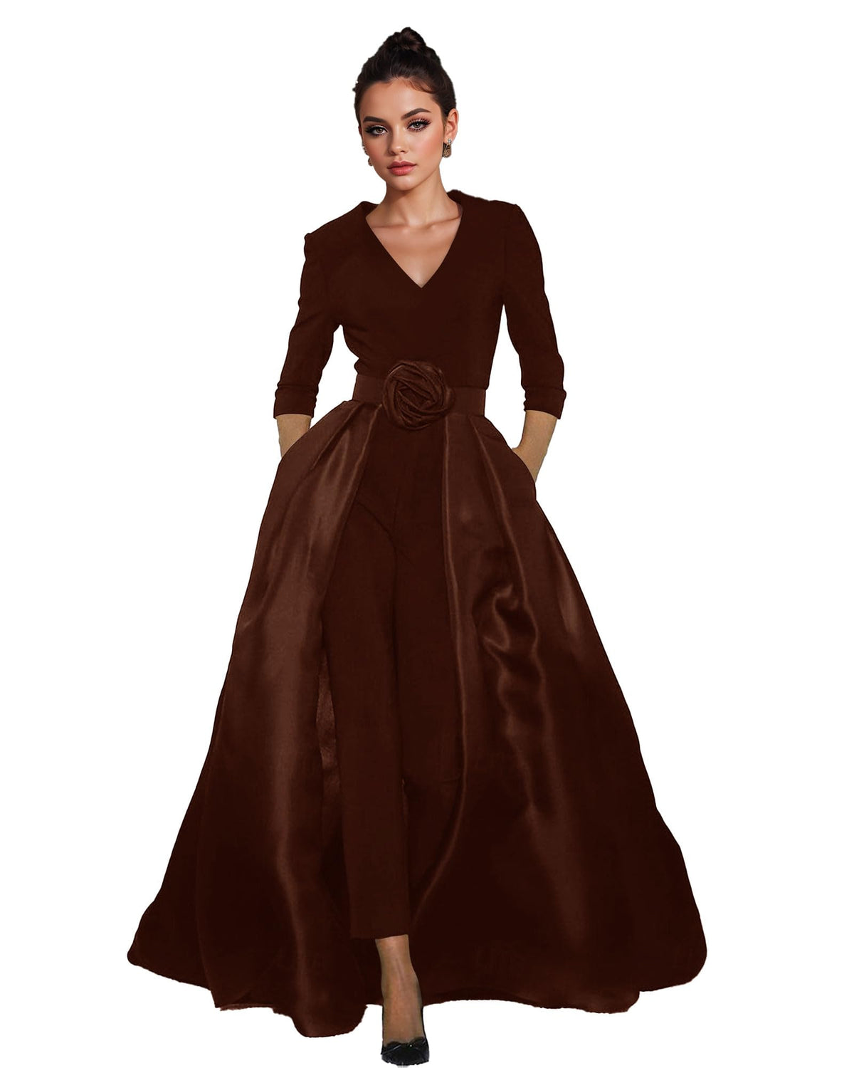 Women's V-Neck Formal Jumpsuit Pant Suit with Detachable Skirt