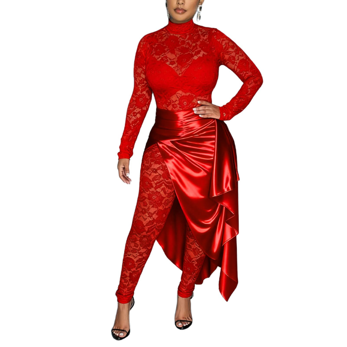 YOUFE Women's Lace Long-Sleeve Bodycon Jumpsuit with Split Skirt