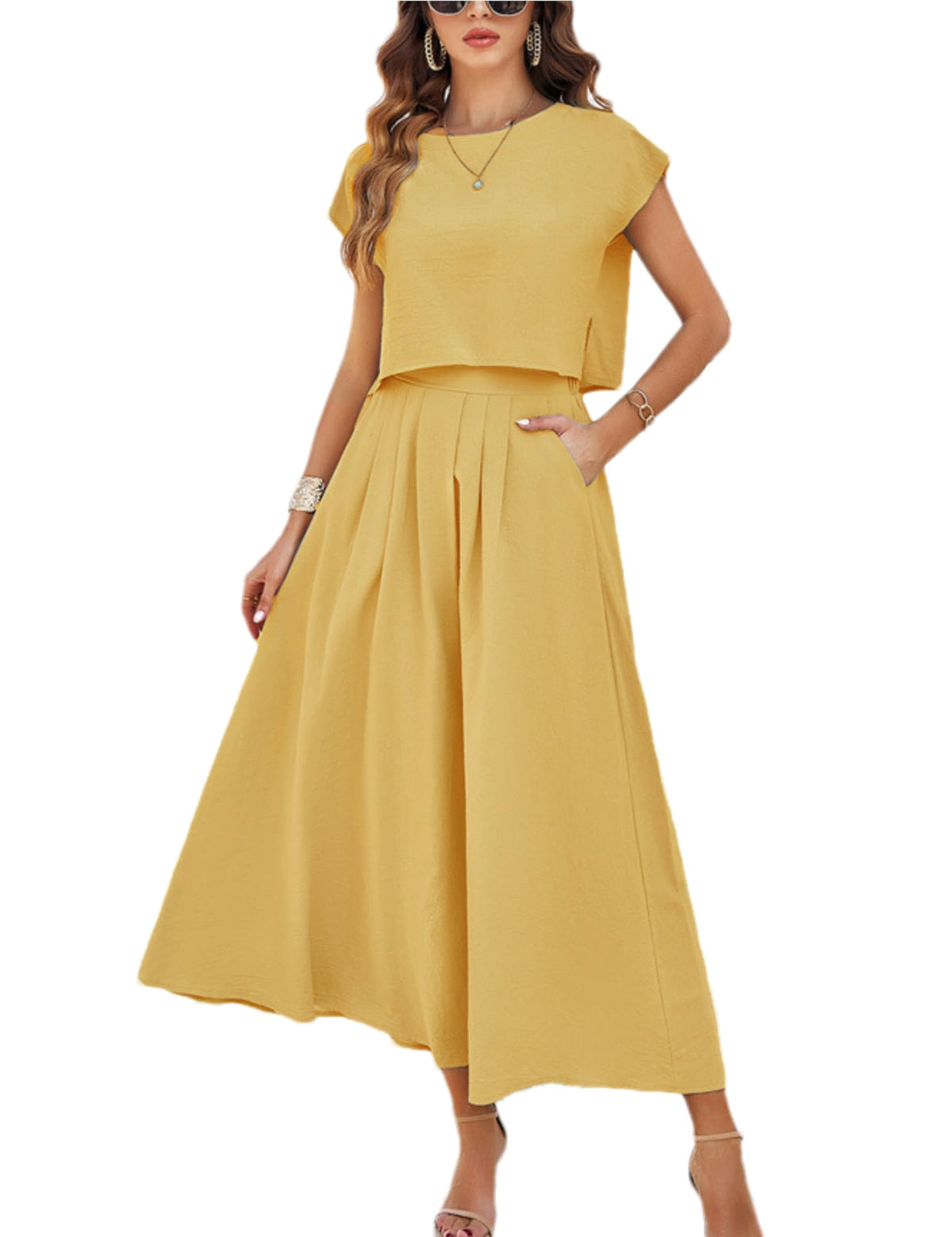 HangNiFang Women's 2-Piece Summer Maxi Skirt Set with Pockets