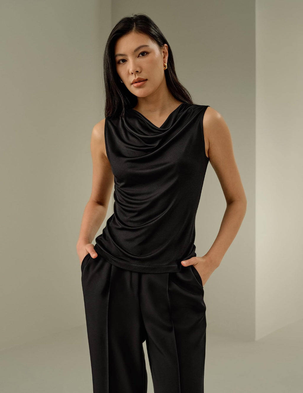 LilySilk Women Pure Silk T-Shirt Sleeveless Slim Fit Cowl Neck Tank Top Silk Jersey Shirt