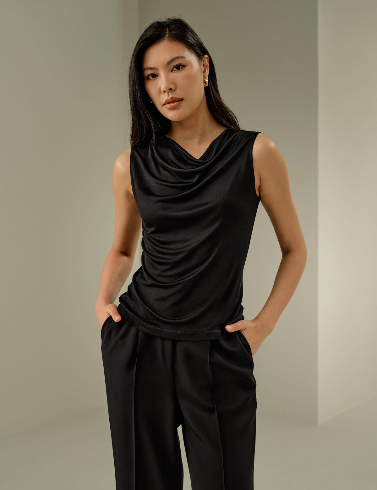LilySilk Women Pure Silk T-Shirt Sleeveless Slim Fit Cowl Neck Tank Top Silk Jersey Shirt