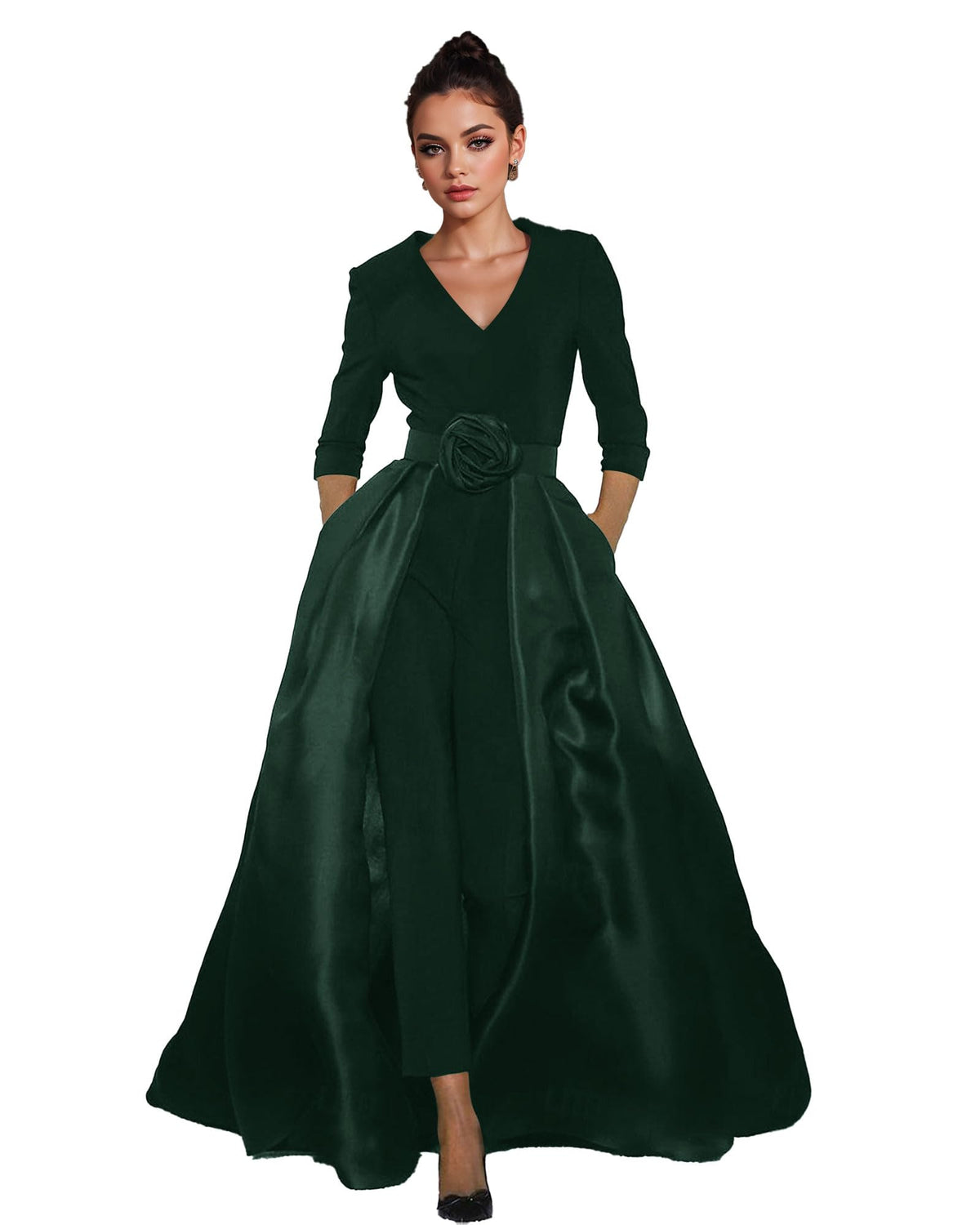 Women's V-Neck Formal Jumpsuit Pant Suit with Detachable Skirt