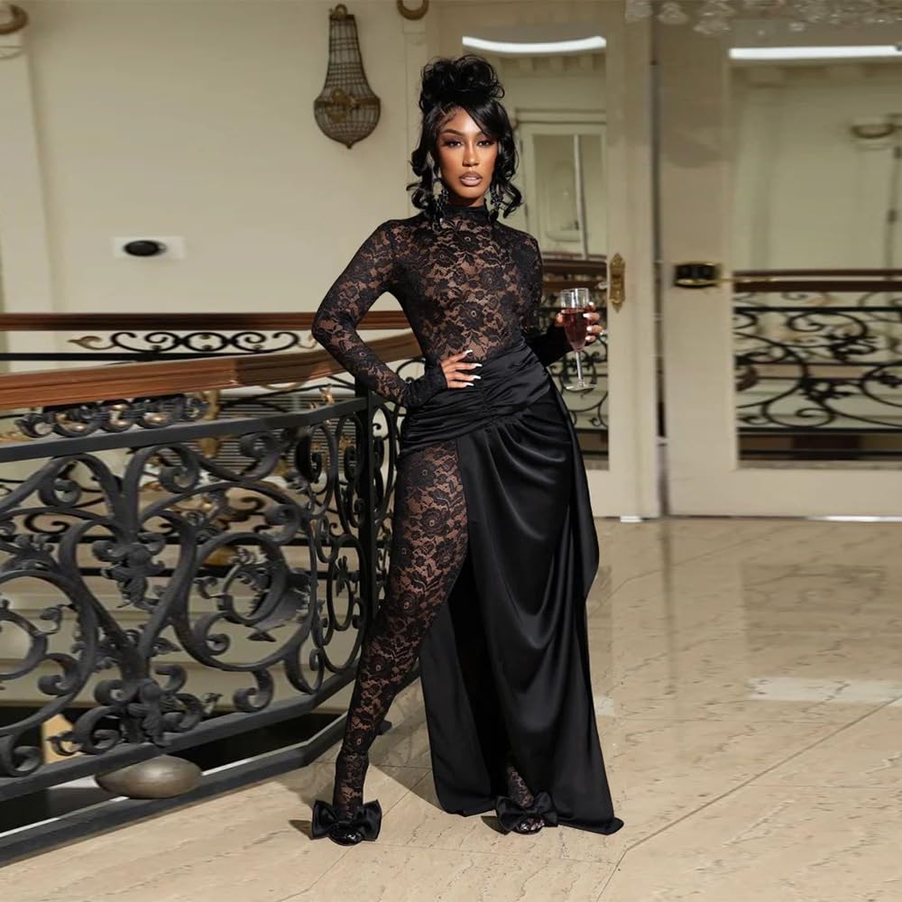 YOUFE Women's Lace See Through Jumpsuit Bodycon Sexy Club Outfits Long Sleeve Pleated High Split Midi Skirt One Piece Set