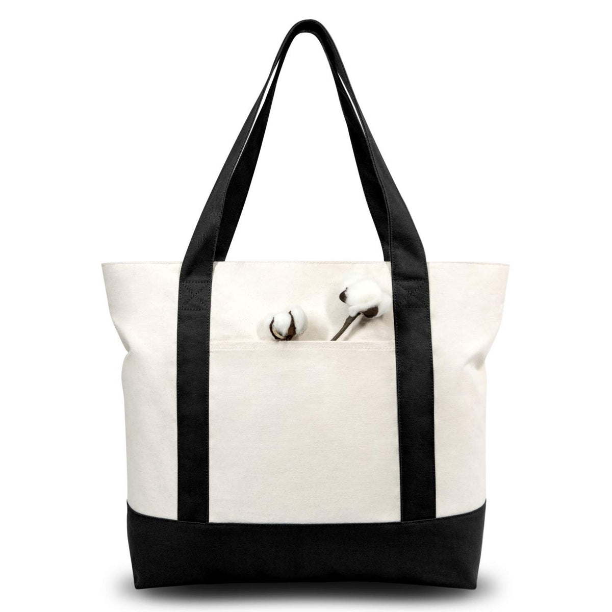 TOPDesign 30-Pack Canvas Tote Bags with an External Pocket, Reusable Grocery Shopping Bags, Top Zipper Closure, Daily Essentials (Black/Natural)