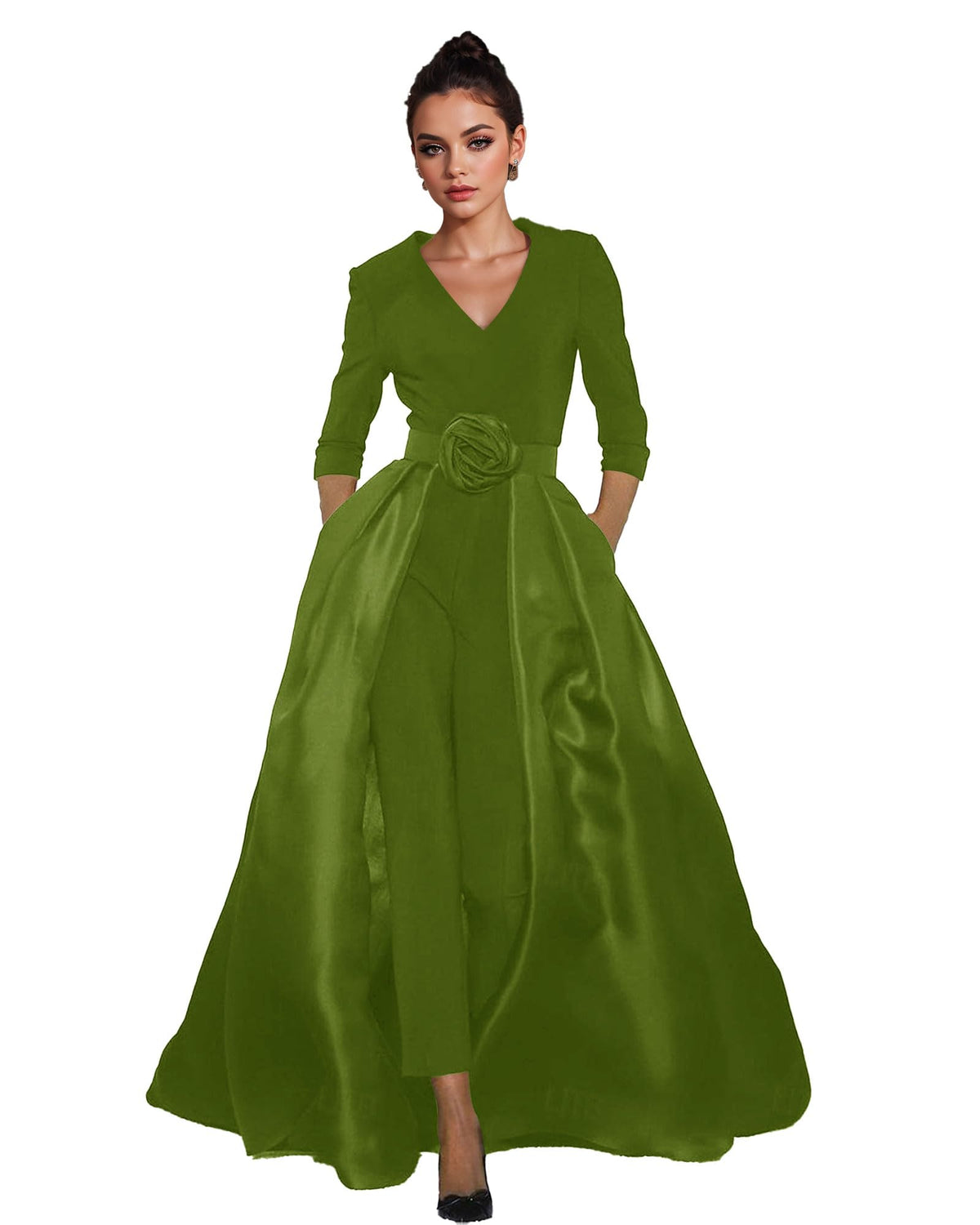 Women's V-Neck Formal Jumpsuit Pant Suit with Detachable Skirt