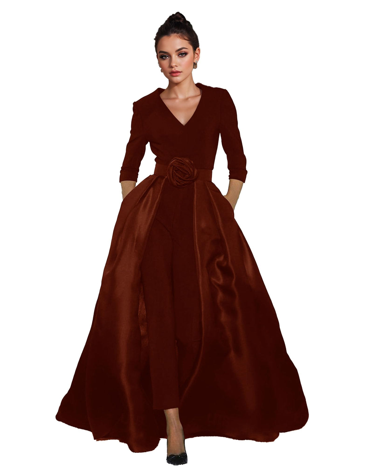 Women's V-Neck Formal Jumpsuit Pant Suit with Detachable Skirt