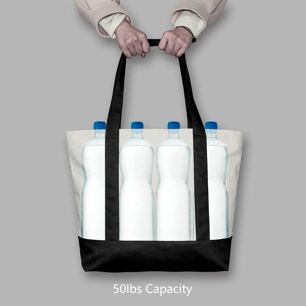 TOPDesign 30-Pack Canvas Tote Bags with an External Pocket, Reusable Grocery Shopping Bags, Top Zipper Closure, Daily Essentials (Black/Natural)