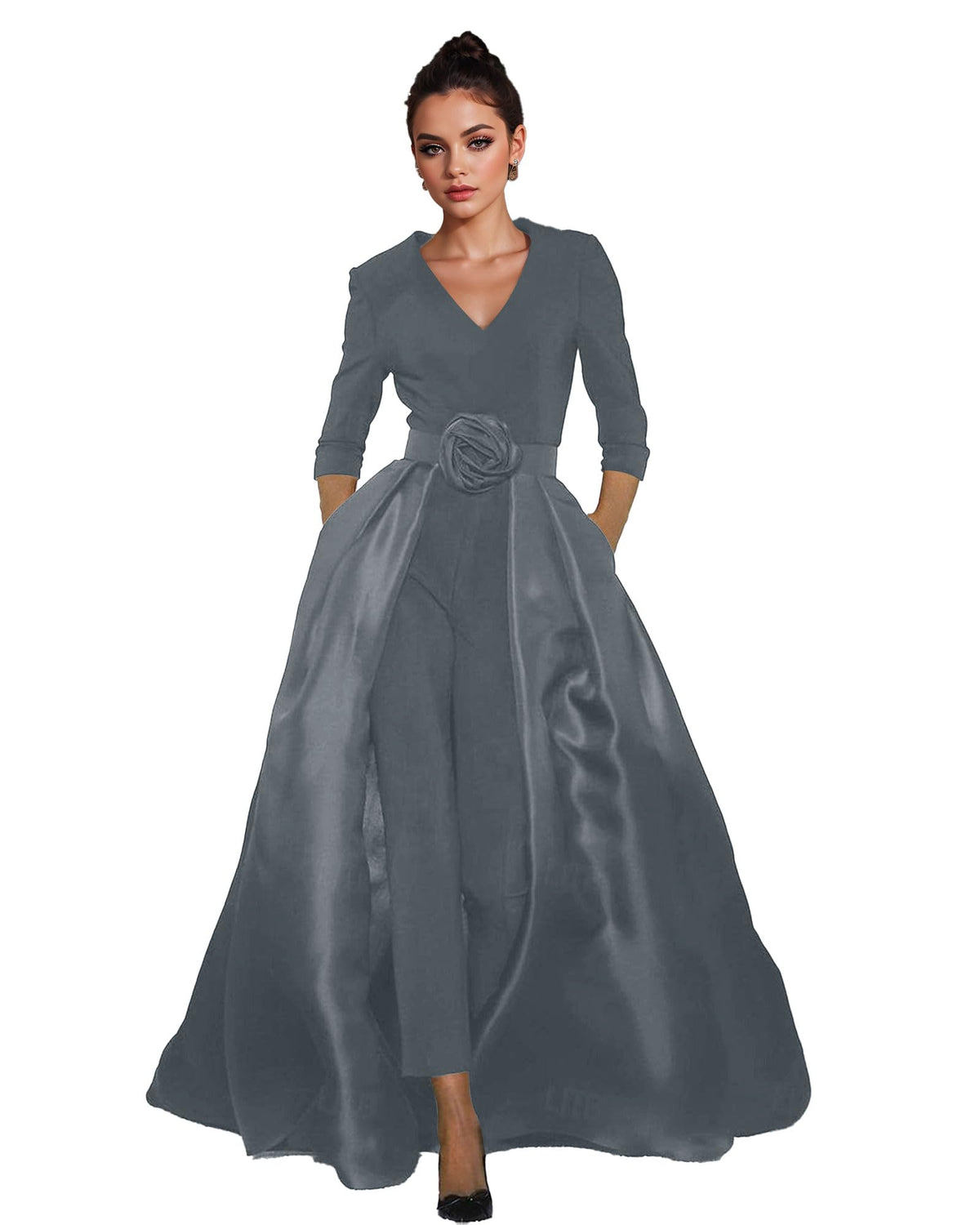 Women's V-Neck Formal Jumpsuit Pant Suit with Detachable Skirt