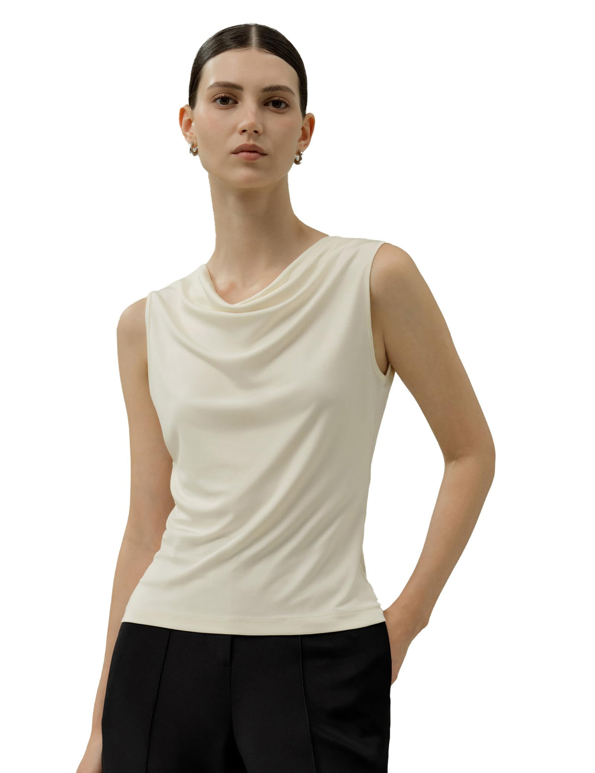 LilySilk Women Pure Silk T-Shirt Sleeveless Slim Fit Cowl Neck Tank Top Silk Jersey Shirt
