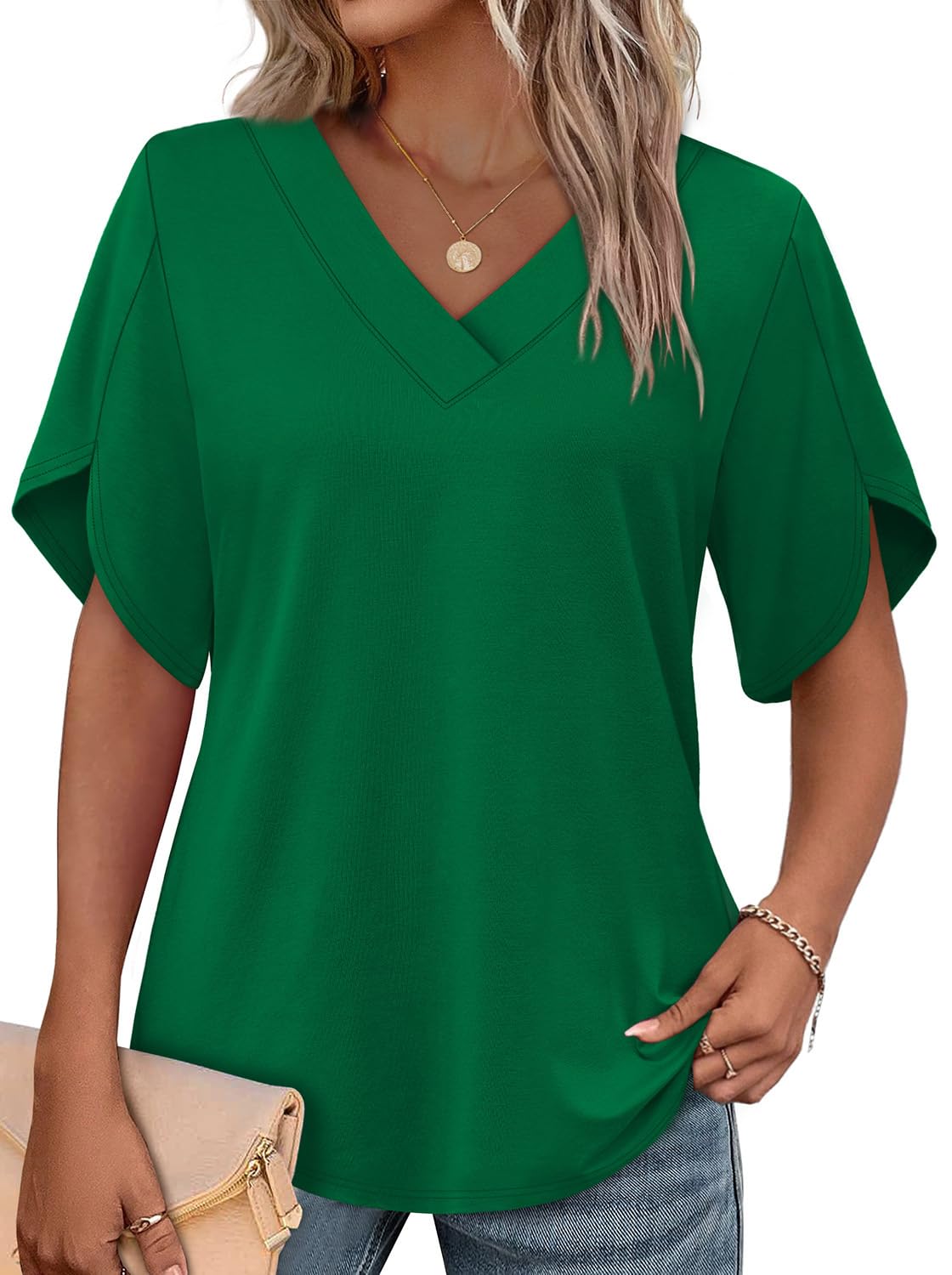WIHOLL Women's V-Neck Petal Sleeve Summer Blouse Top