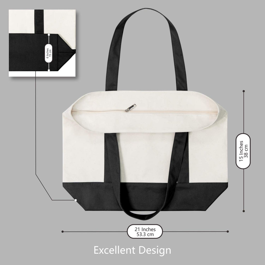 TOPDesign 30-Pack Canvas Tote Bags with an External Pocket, Reusable Grocery Shopping Bags, Top Zipper Closure, Daily Essentials (Black/Natural)