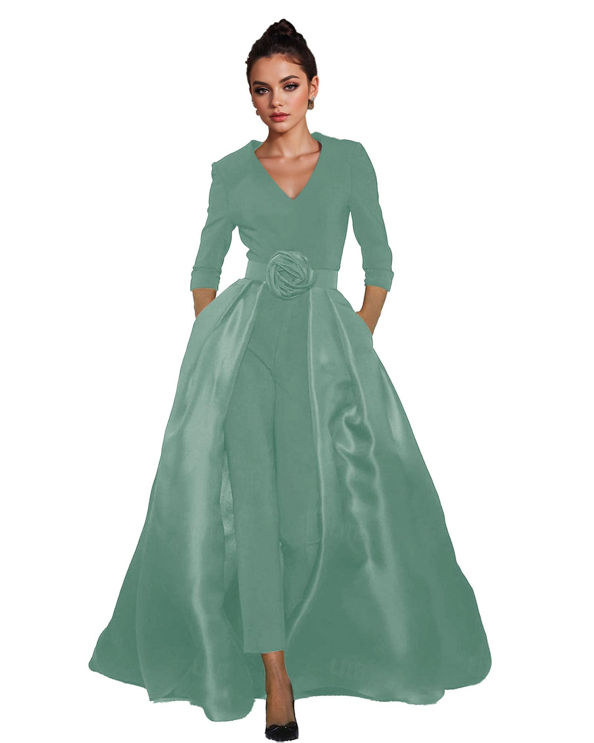 Women's V-Neck Formal Jumpsuit Pant Suit with Detachable Skirt