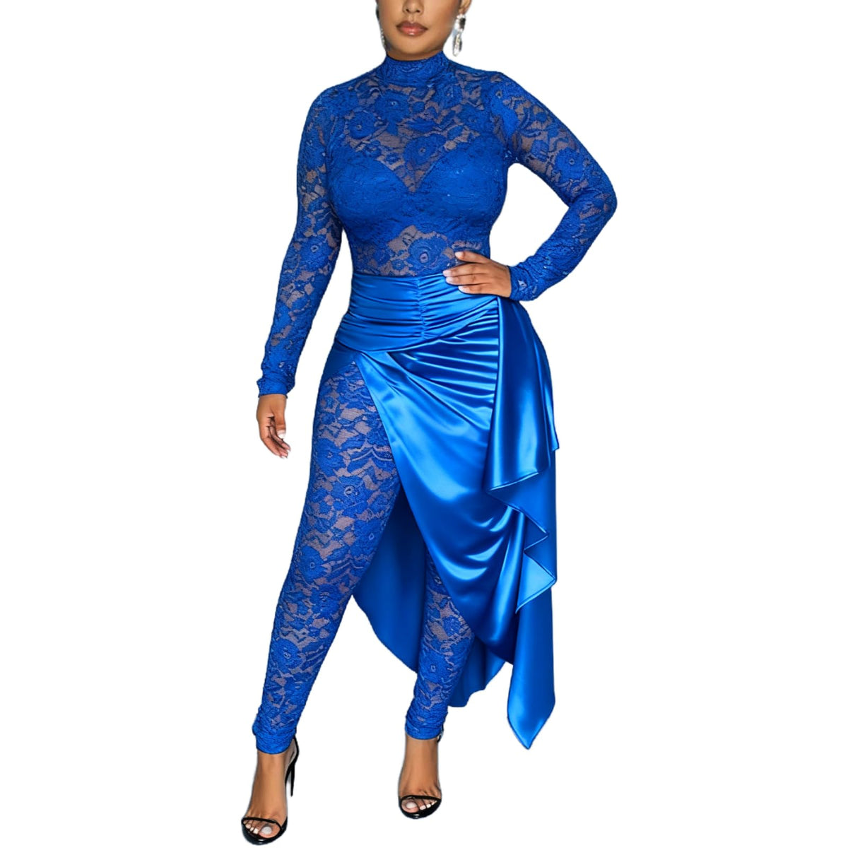 YOUFE Women's Lace Long-Sleeve Bodycon Jumpsuit with Split Skirt
