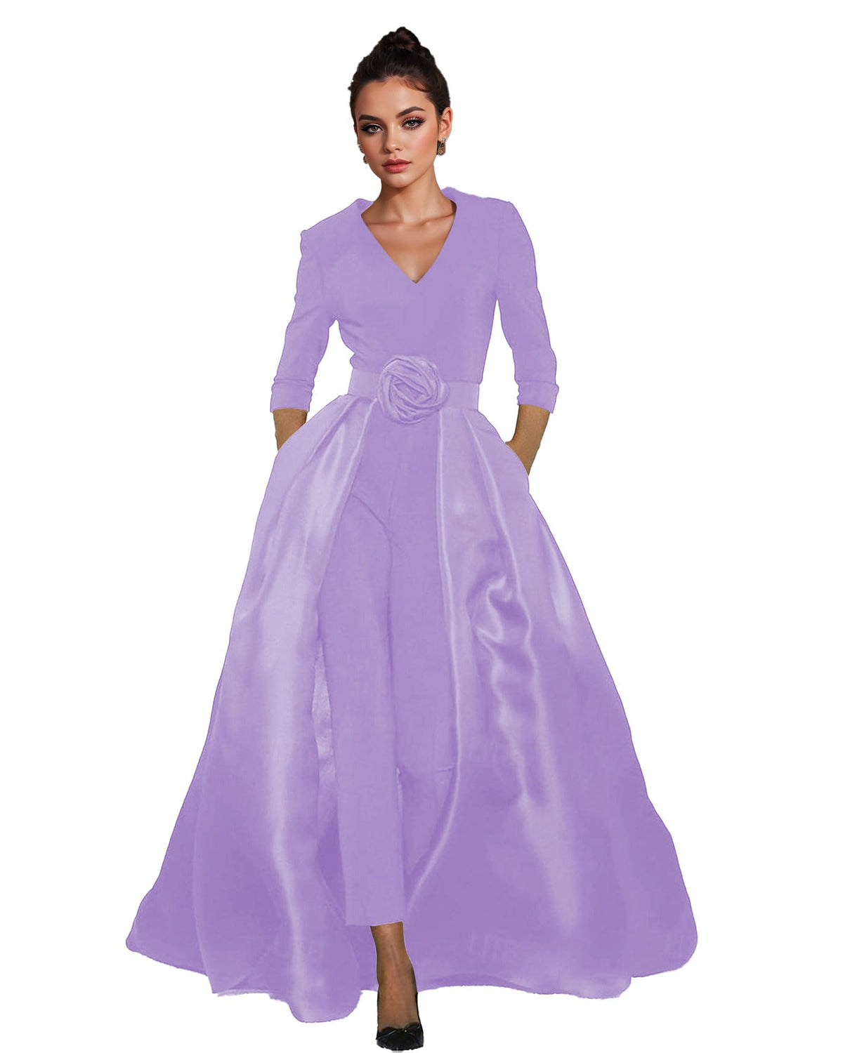 Women's V-Neck Formal Jumpsuit Pant Suit with Detachable Skirt