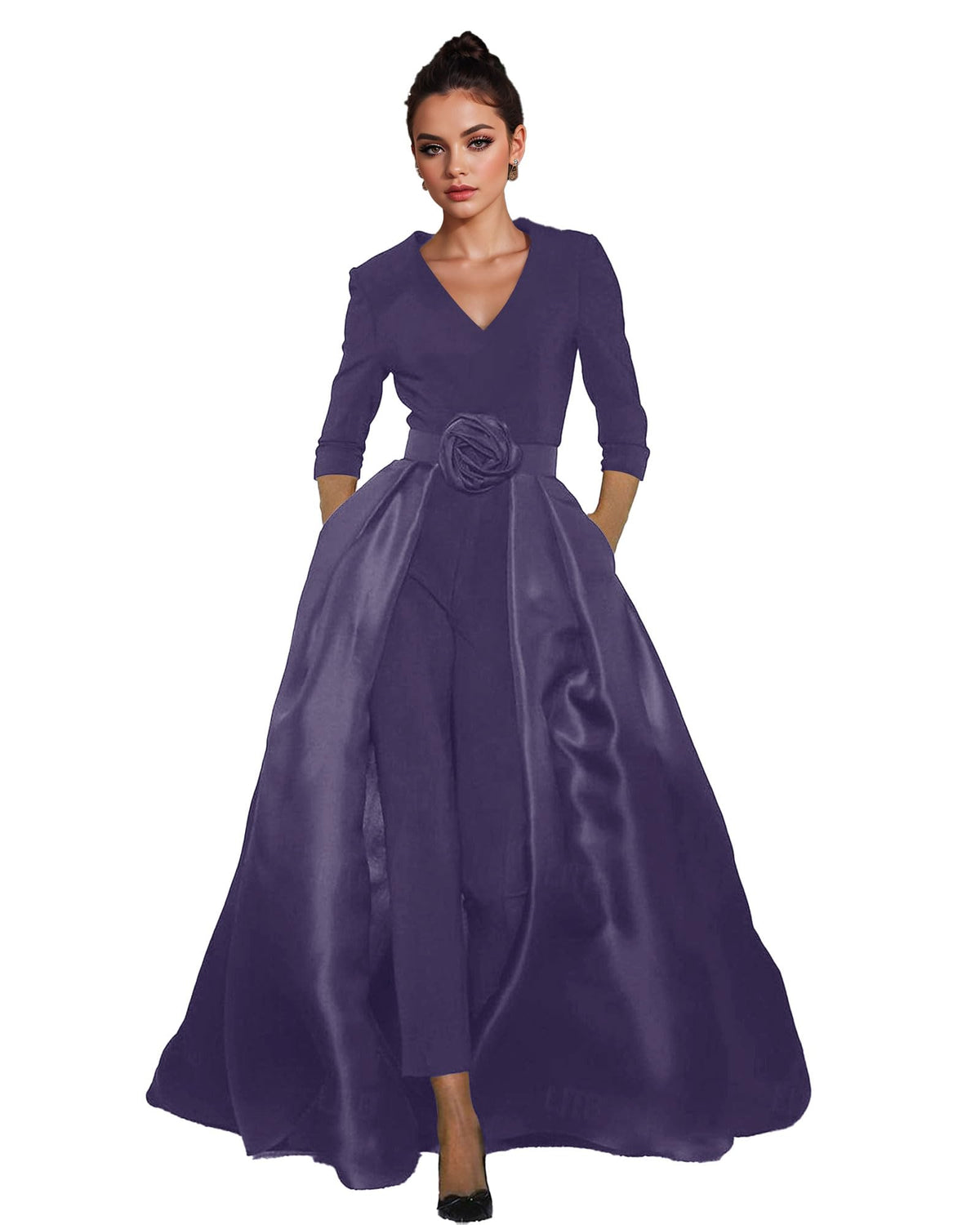 Women's V-Neck Formal Jumpsuit Pant Suit with Detachable Skirt