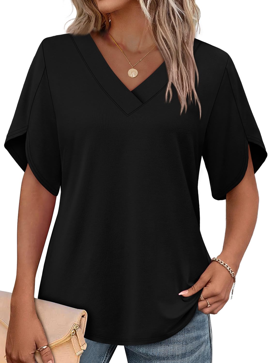 WIHOLL Women's V-Neck Petal Sleeve Summer Blouse Top