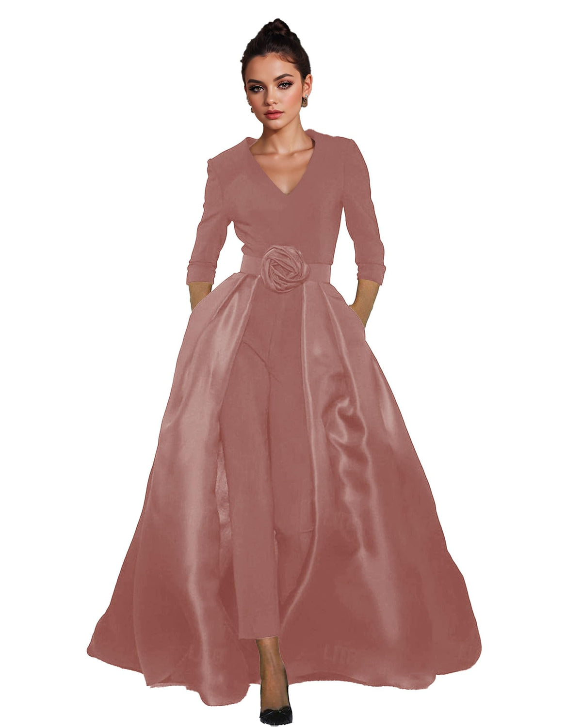 Women's V-Neck Formal Jumpsuit Pant Suit with Detachable Skirt