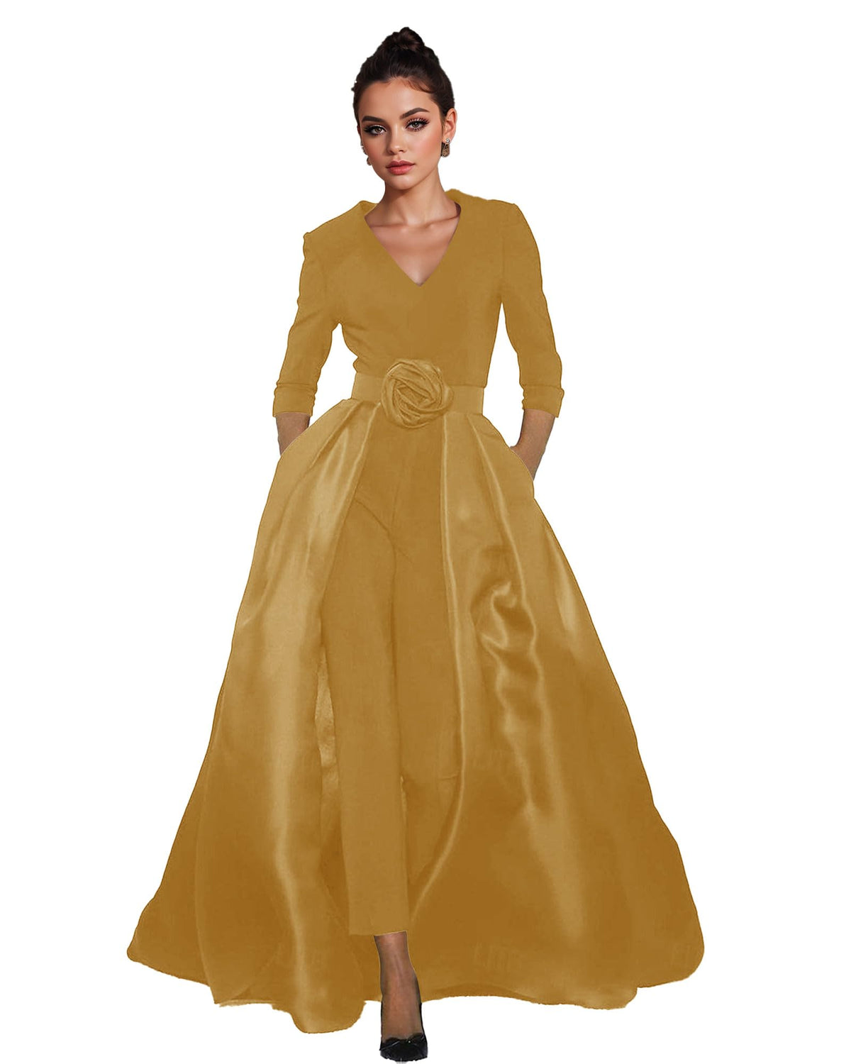 Women's V-Neck Formal Jumpsuit Pant Suit with Detachable Skirt