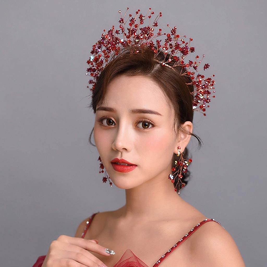 Handmade Red Crystal Flower Bridal Hairband Wedding Crown