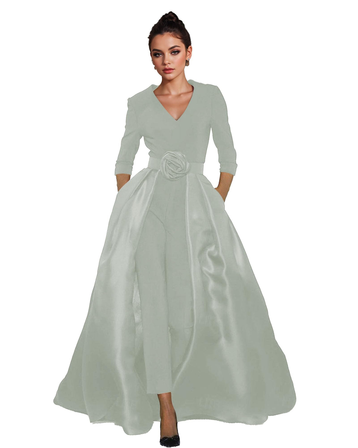 Women's V-Neck Formal Jumpsuit Pant Suit with Detachable Skirt