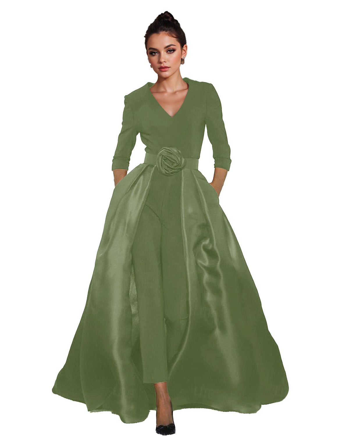 Women's V-Neck Formal Jumpsuit Pant Suit with Detachable Skirt