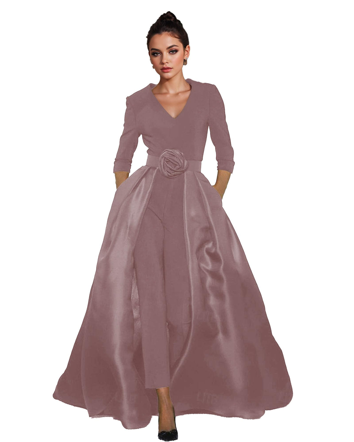 Women's V-Neck Formal Jumpsuit Pant Suit with Detachable Skirt