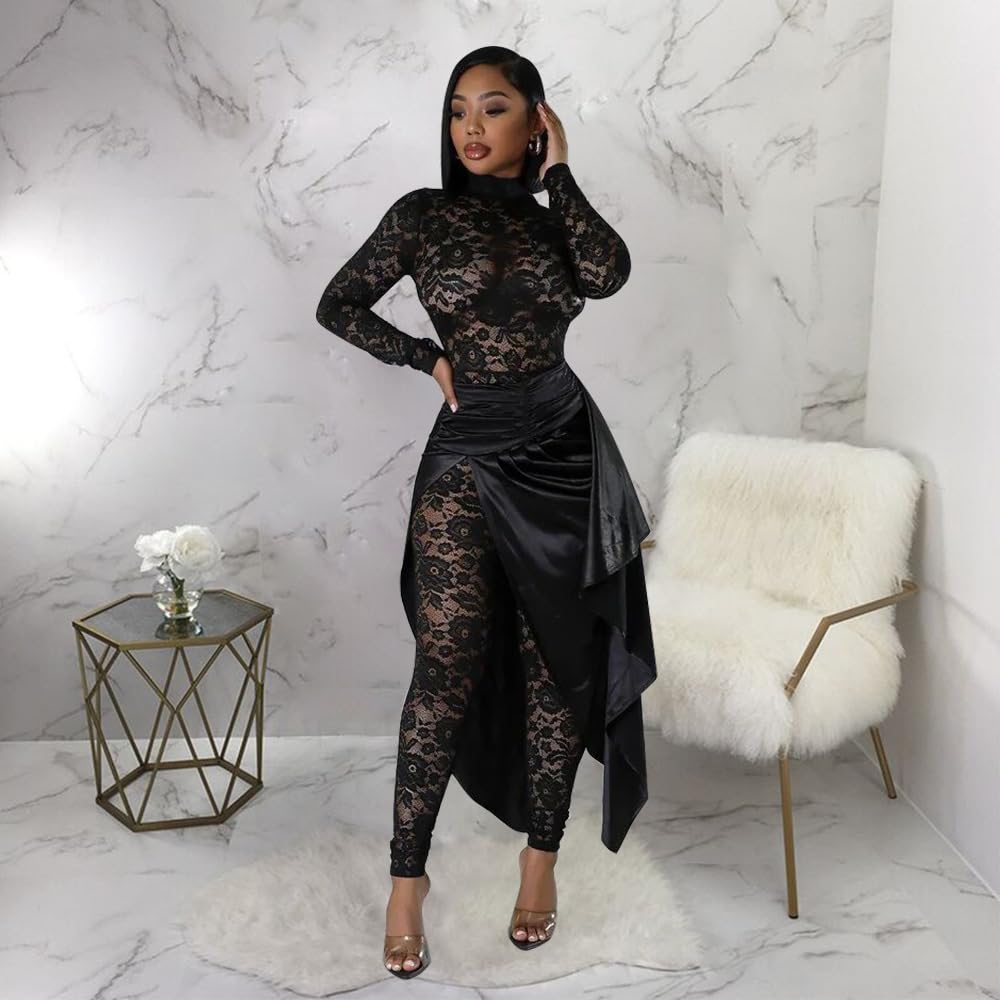 YOUFE Women's Lace See Through Jumpsuit Bodycon Sexy Club Outfits Long Sleeve Pleated High Split Midi Skirt One Piece Set