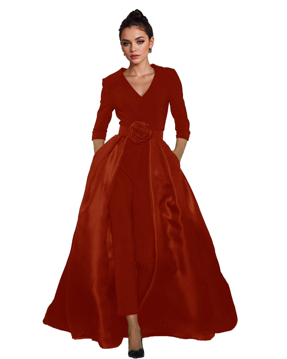 Women's V-Neck Formal Jumpsuit Pant Suit with Detachable Skirt