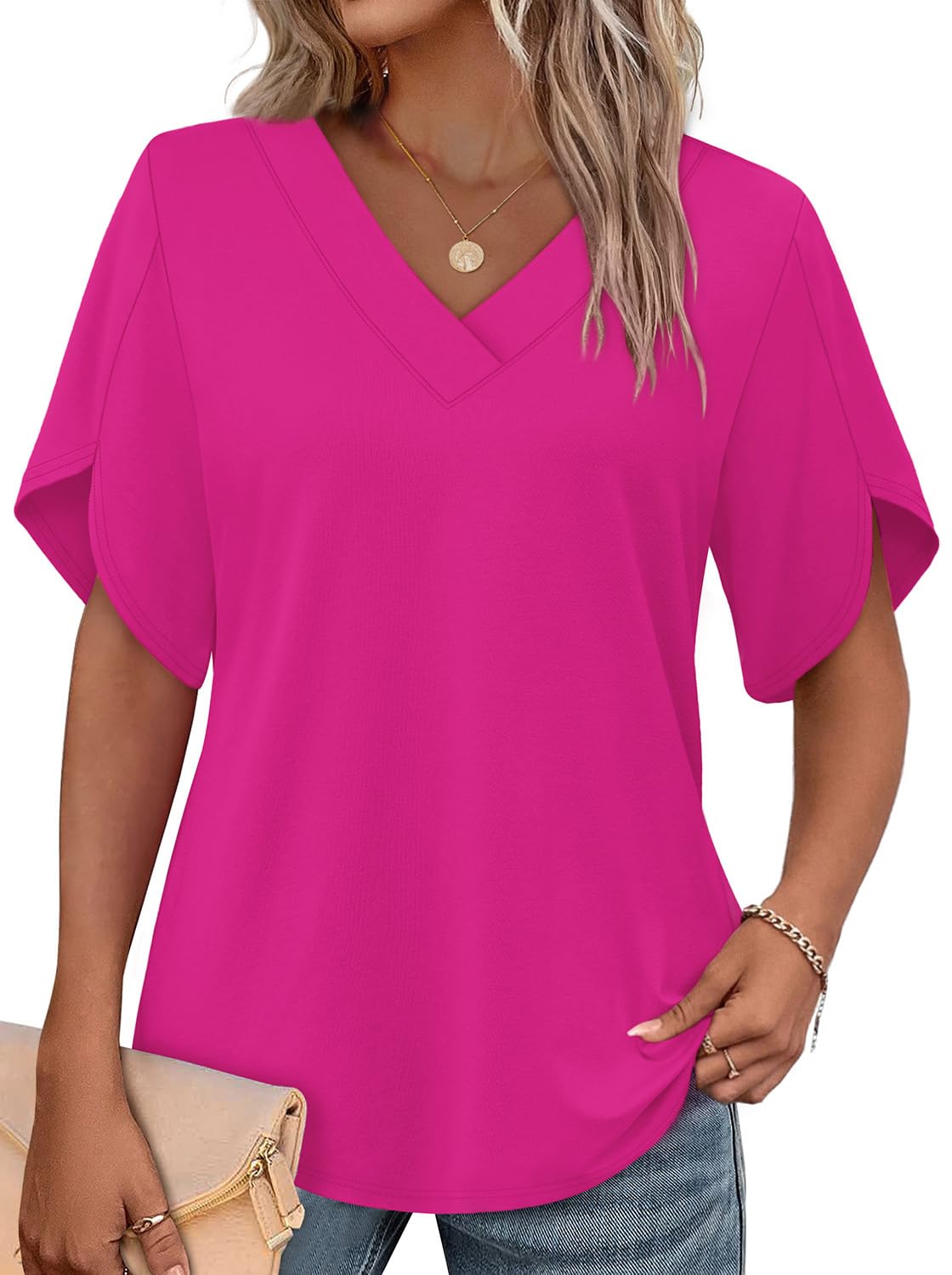 WIHOLL Women's V-Neck Petal Sleeve Summer Blouse Top
