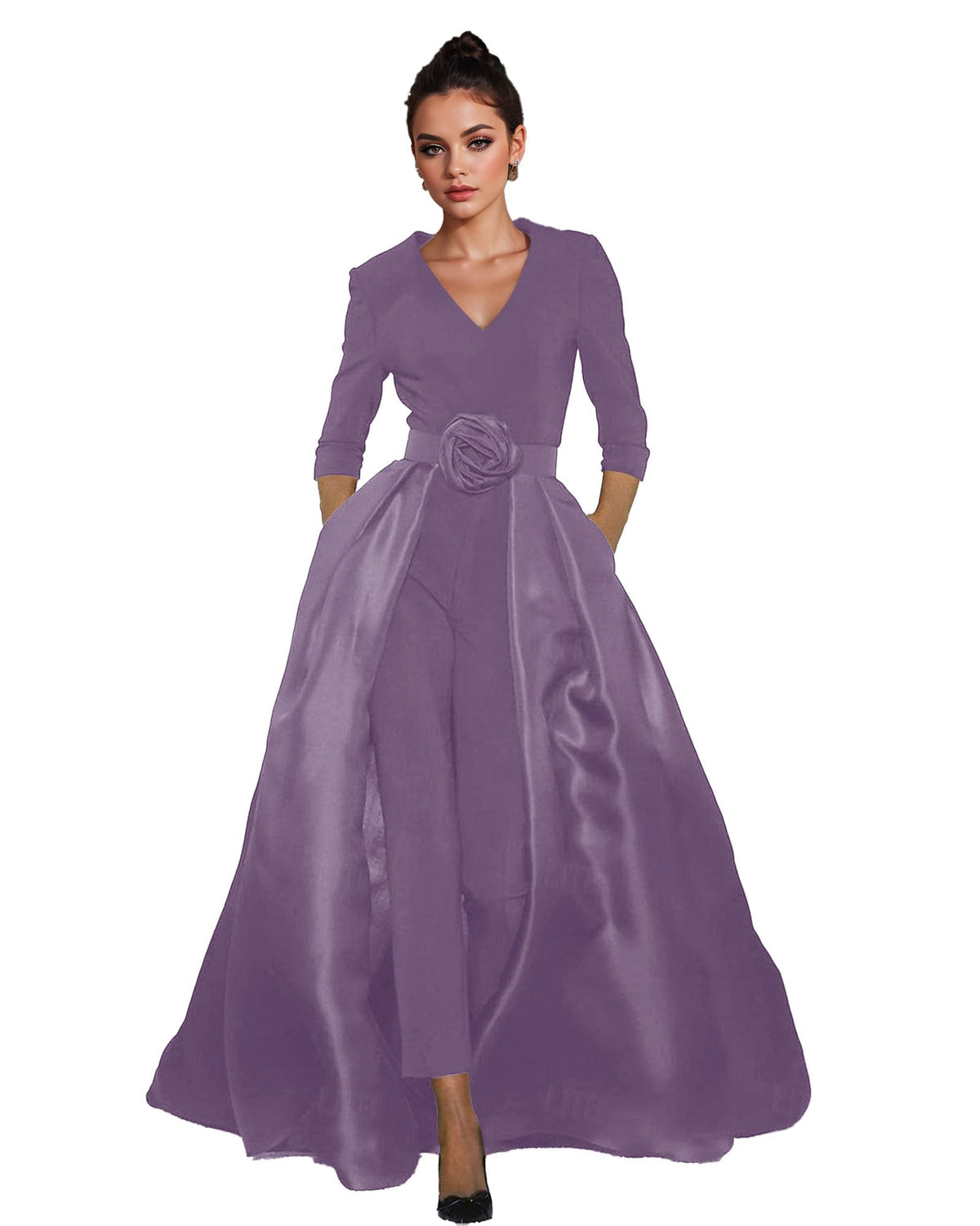 Women's V-Neck Formal Jumpsuit Pant Suit with Detachable Skirt