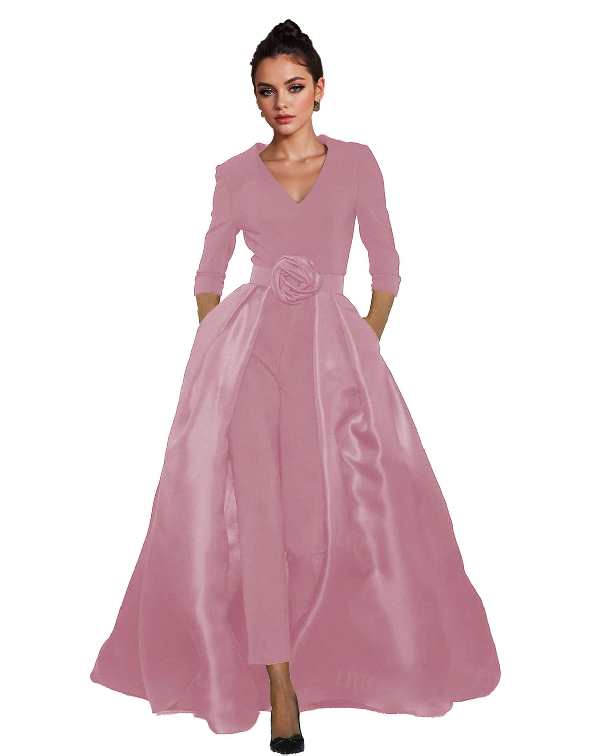 Women's V-Neck Formal Jumpsuit Pant Suit with Detachable Skirt